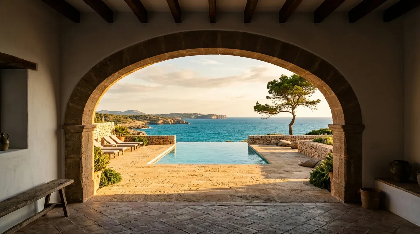 Terraza con piscina infinita frente al Mediterráneo, vista desde un arco de marès