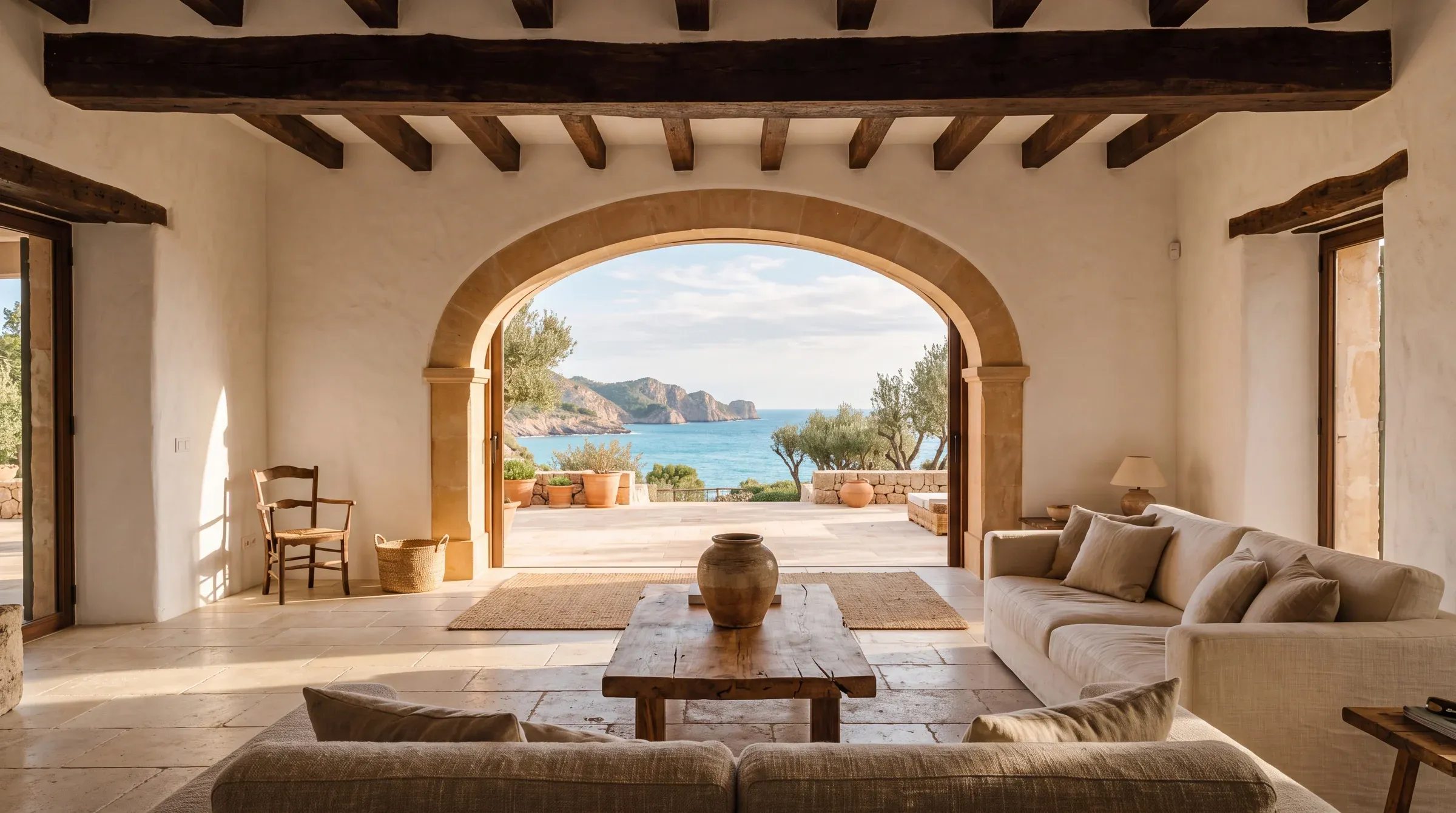 Salón con arco de marès abierto a la terraza y al mar