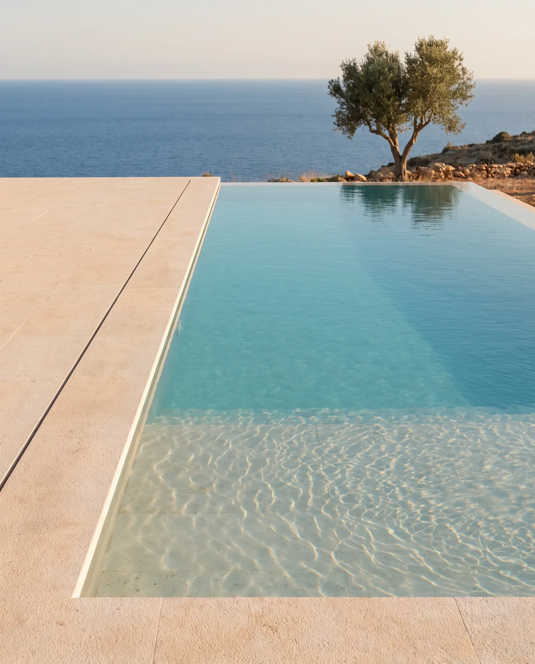 Borde infinito de piscina fundiéndose con el Mediterráneo