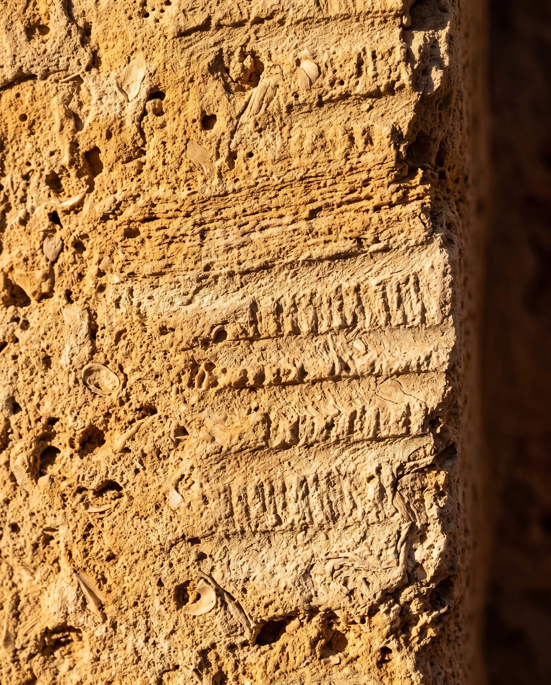 Muro de marès con estrías sedimentarias y luz rasante