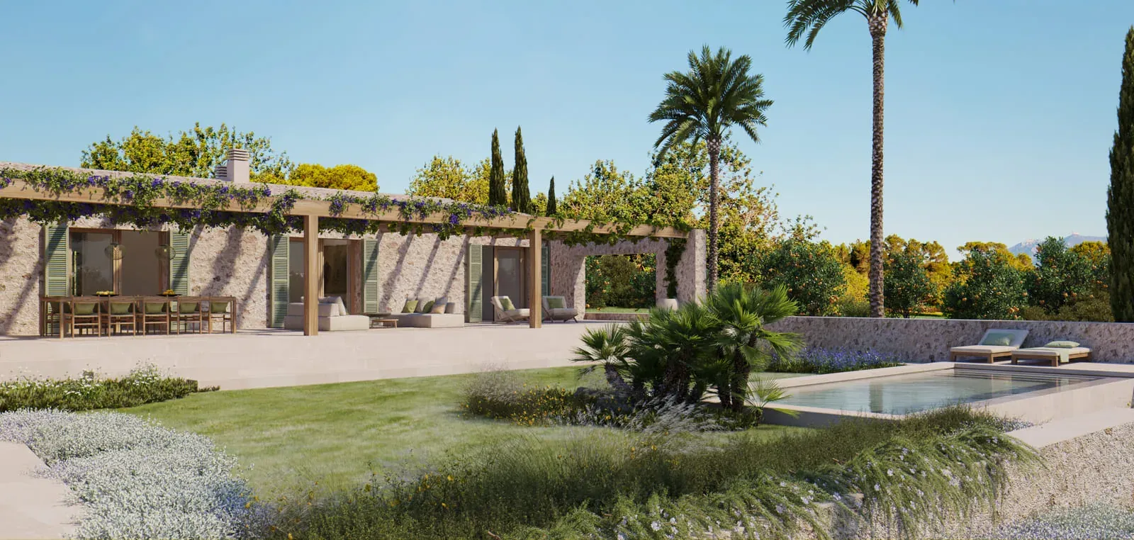 Pérgola, piscina y palmeras de Niu Ca'n Farineta sobre la parcela de Son Negre