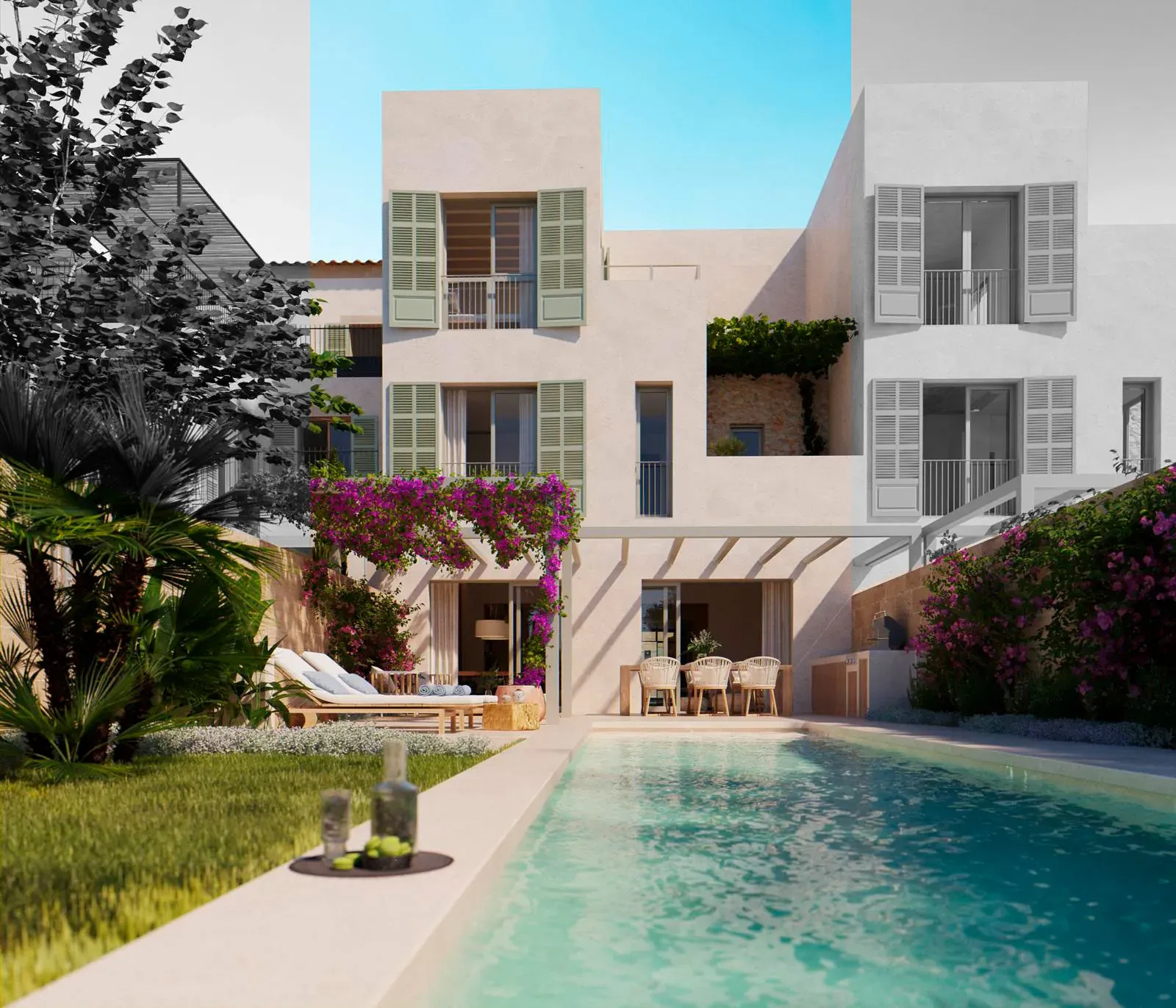Fachada de Niu Living V3 con piscina, buganvilla y zona de estar exterior