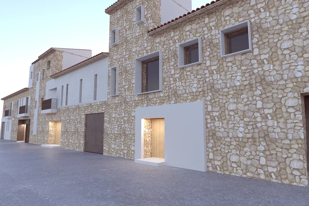 Fachada de piedra natural de Santanyí del conjunto Es Teatre