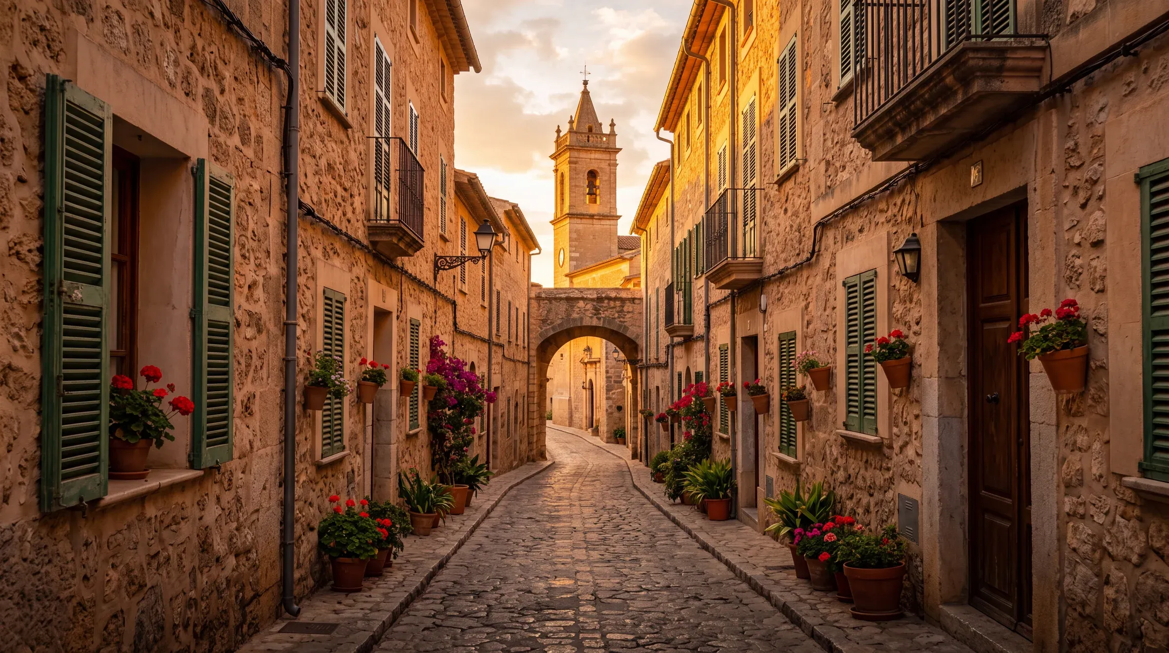 Calle del casco antiguo de Santanyí con fachadas de marès a última hora